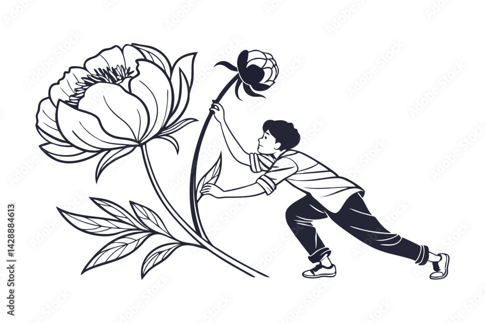 Fototapeta premium Black and White Illustration of a Person Pulling a Large Flower Artistic Conceptual Design