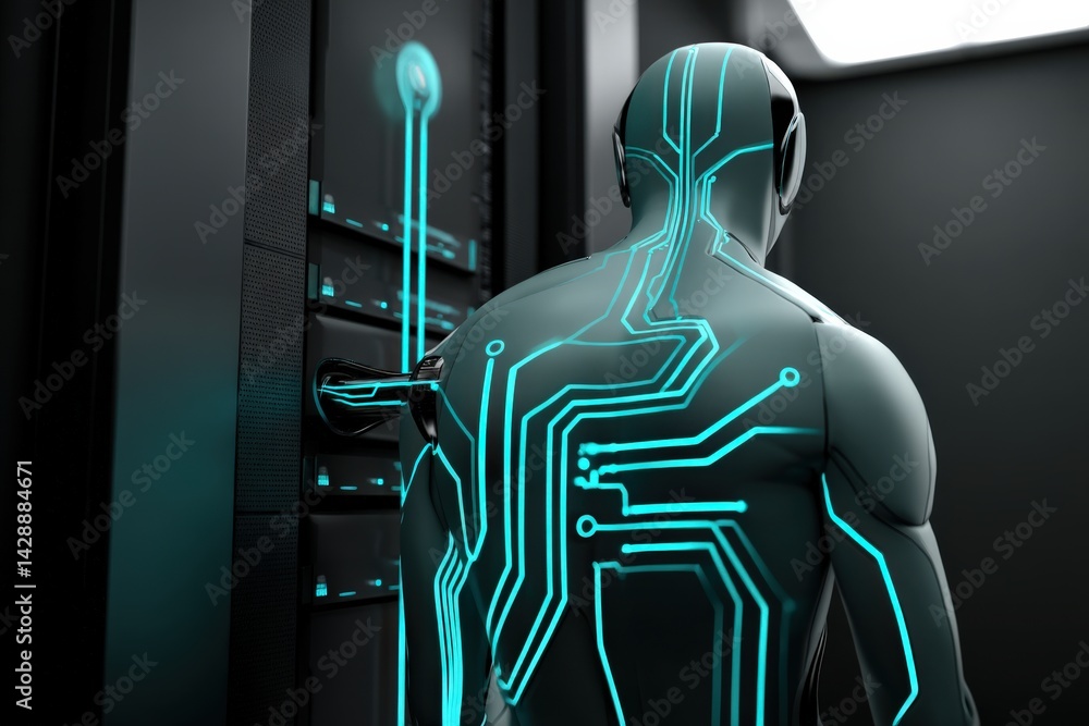 Futuristic humanoid figure with glowing circuitry in a modern setting