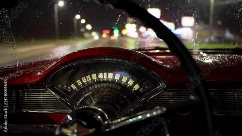 Classic Car Dashboard POV Driving Past Blurry Night City Lights