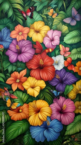 Wallpaper Mural Vibrant hibiscus flowers, butterflies, lush green foliage. Torontodigital.ca