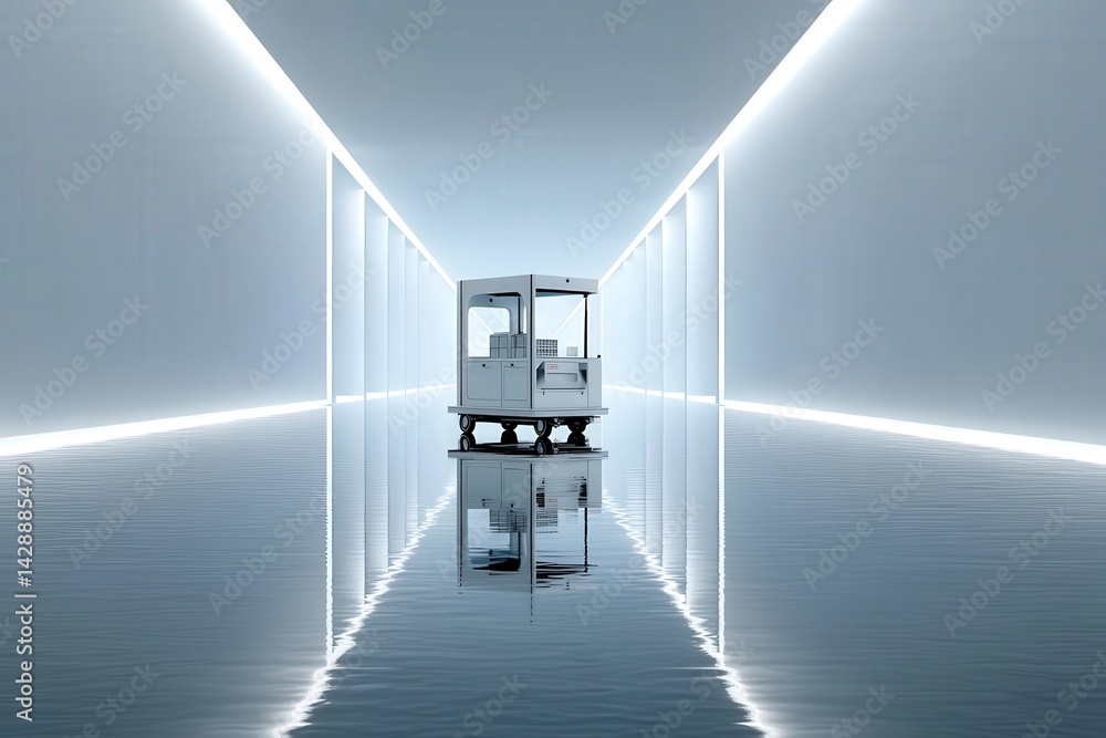 Futuristic Minimalist Space with Illuminated Path and Device