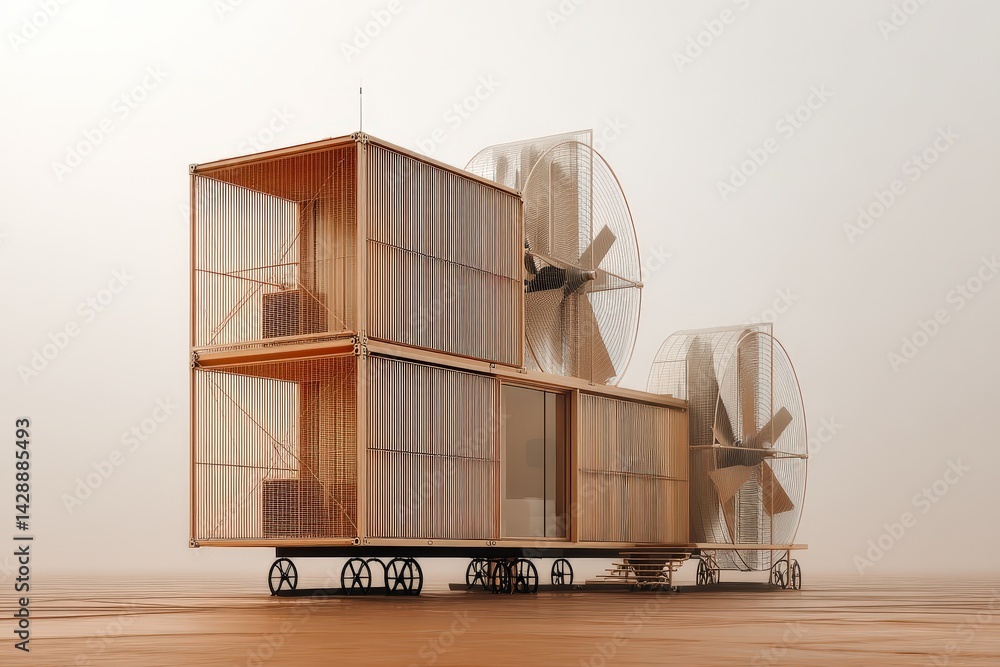 Futuristic Mobile Structure with Large Fans in an Artistic Setting