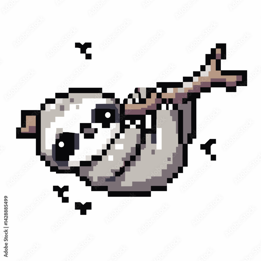 Obraz premium Pixel Art Sloth Hanging on Branch With Birds in Minimalist Design