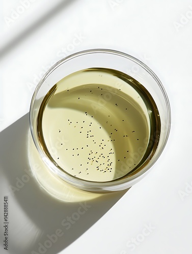 Overhead close up of a glass of light yellow liquid with small dark specks, set against a bright white background with dramatic shadowing