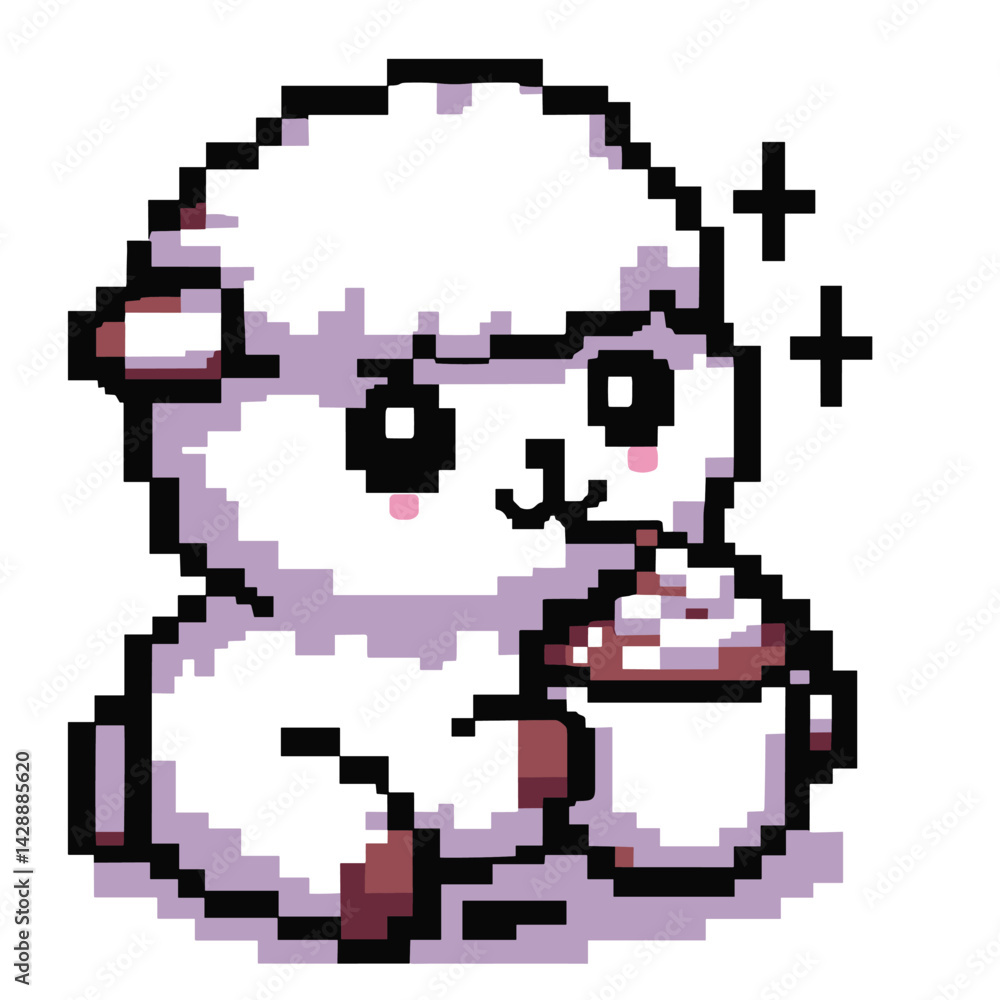 Fototapeta premium Cute Pixel Art Lamb Sipping Drink in Cozy Style