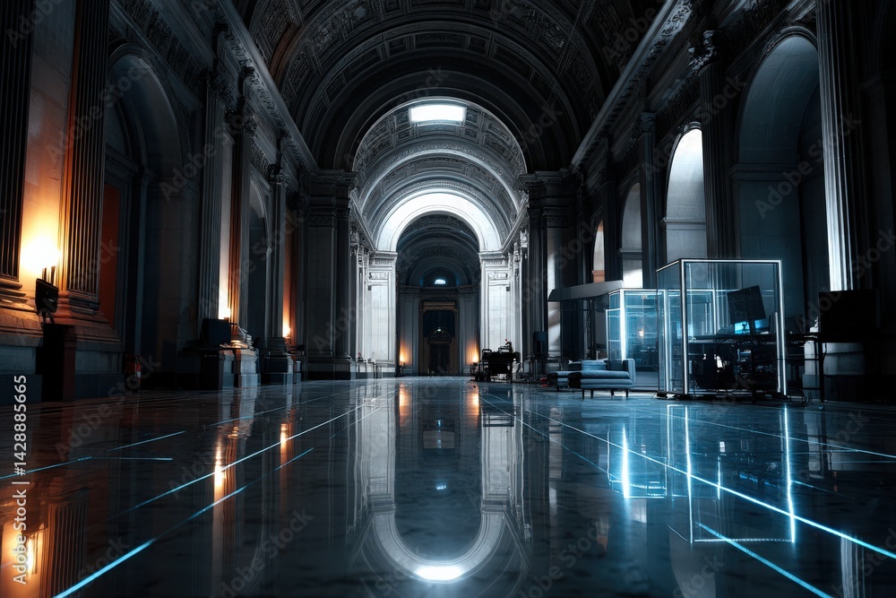 Futuristic Museum Interior with Reflective Floor and Ambient Lighting