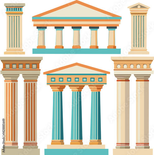 This vector illustration depicts an isolated ancient Greek column, a classic architectural pillar often seen in temples and symbolizing justice