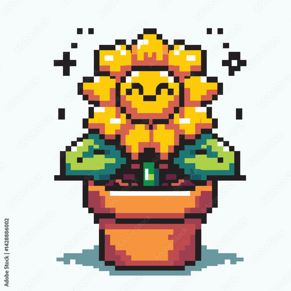 Obraz premium Pixel Art Smiling Sunflower in Pot – Retro Style Floral Illustration