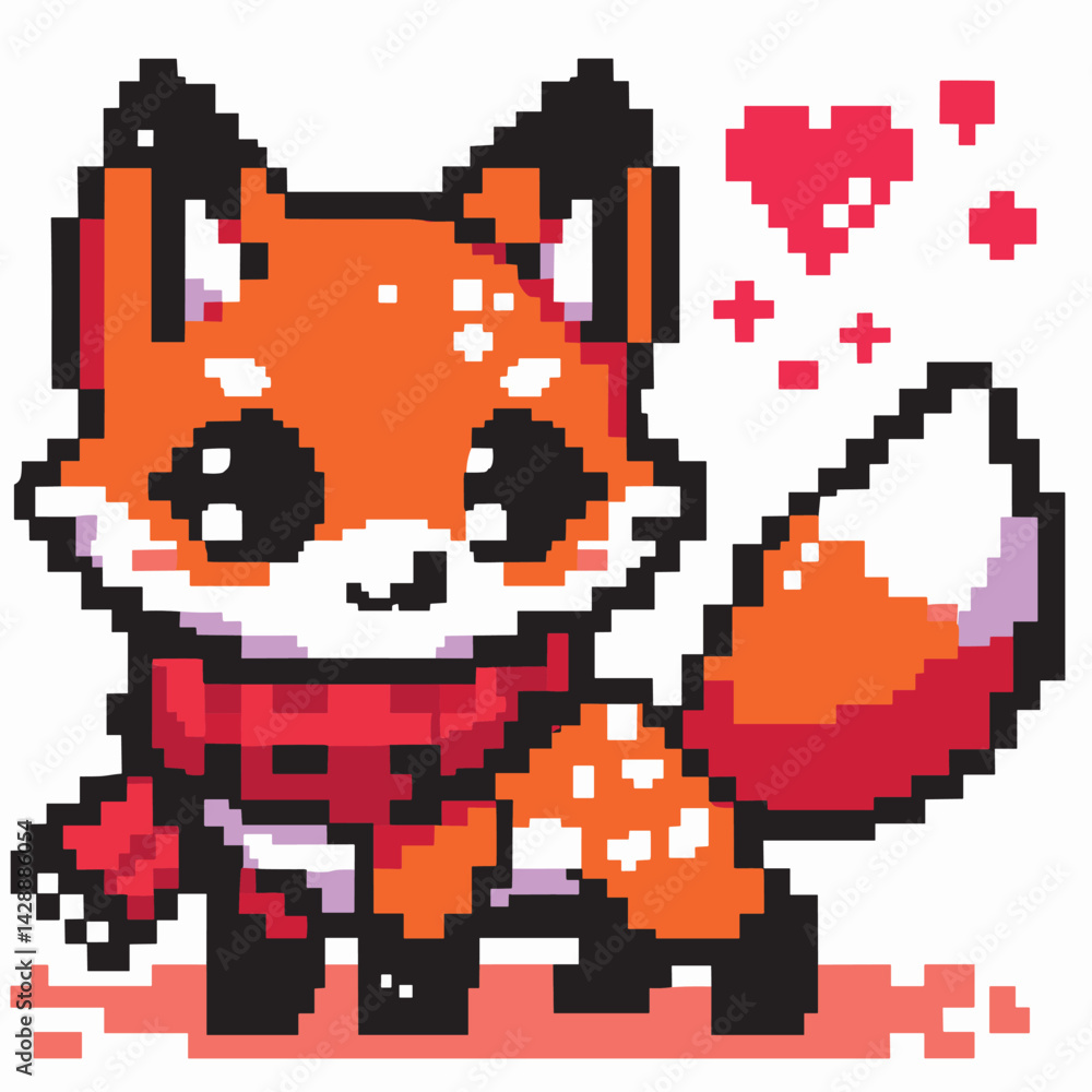 Fototapeta premium Pixel Art Fox with Red Scarf and Hearts Cute Illustration