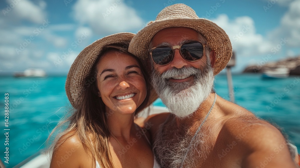 Obraz premium Couple in hats smiling in the background of the sea, yacht vacation. Advertising of tourist services, travel, cruises.
