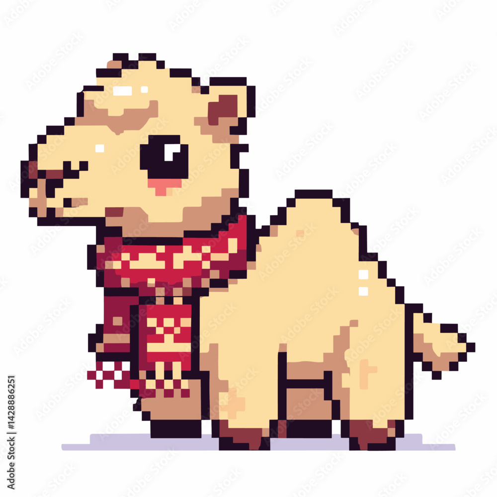 Obraz premium Cute Camel in Red Scarf Pixel Art Illustration