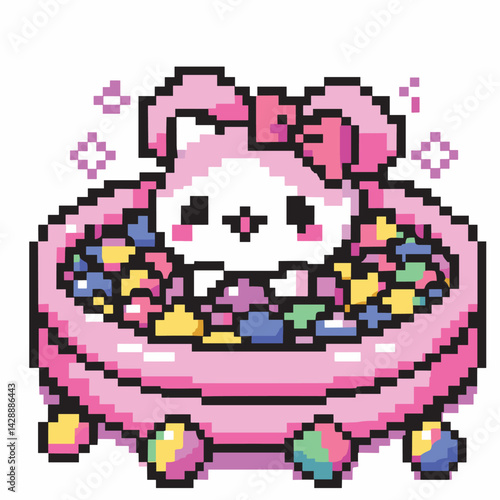 Cute Pixel Art Cat in Colorful Ball Pit with Pink Bow