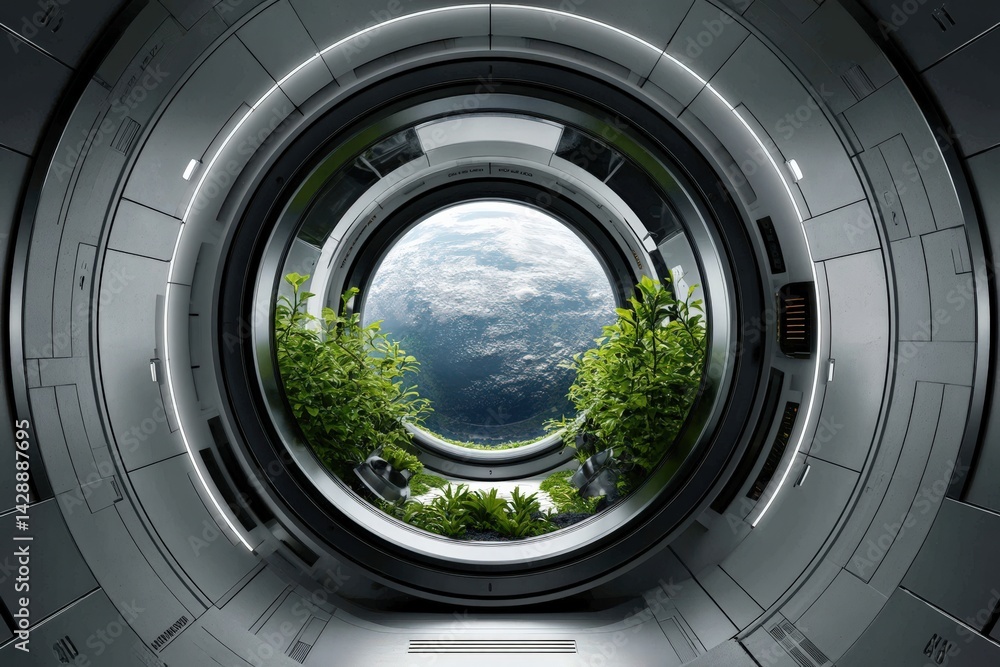 Futuristic Space Habitat with Lush Green Plants and Earth View