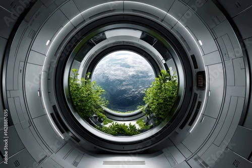 Obraz na płótnie Futuristic Space Habitat with Lush Green Plants and Earth View w salonie
