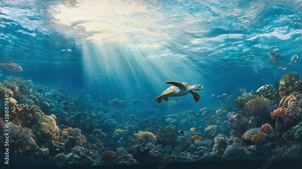 Fototapeta premium Ocean scene: turtle swims, sunlight filters, coral reef.