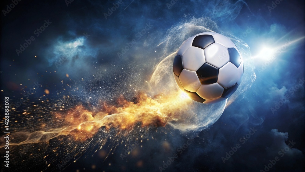 Fototapeta premium Dynamic Soccer Ball in Cosmic Blaze A Fiery Flight Through the Night Sky