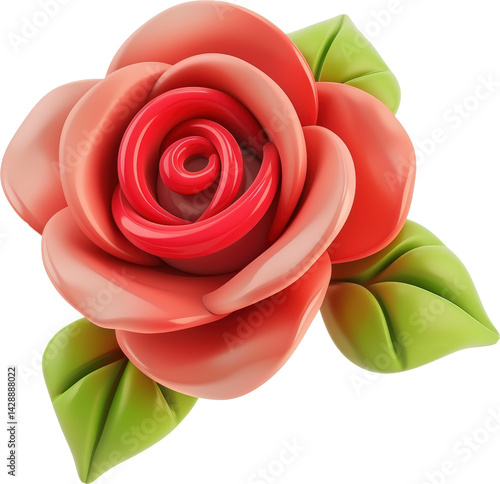 Vibrant red rose with green leaves