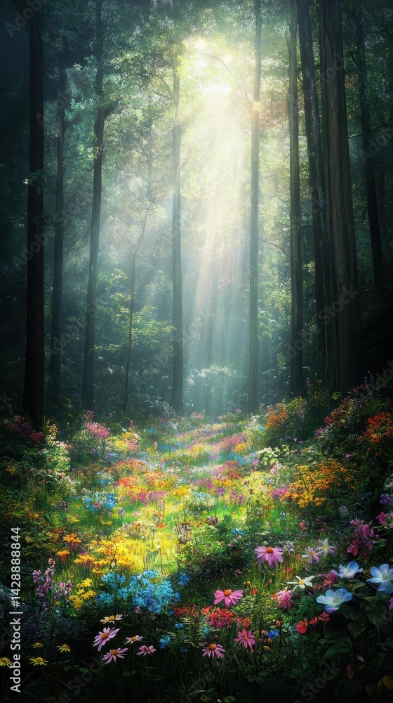 Fototapeta premium Sunlit woodland clearing, vibrant wildflowers, lush foliage.