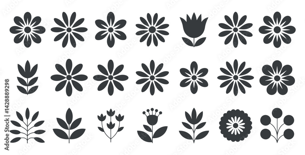 Floral Elements Collection With Daisy Style Flowers And Leaves In Dark Gray Simple Design For Creative Projects And Artwork Floral Elements Collection With Daisy Style Flowers And Leaves In Dark Gray Simple Design For Creative Projects And Artwork