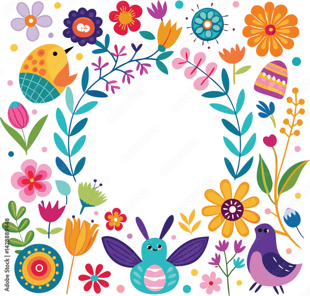 Obraz premium Spring brings a floral pattern with birds and butterfly in a nature design, a vector illustration of flowers creating a seamless summer art for wallpaper and card decoration with love and easter eleme