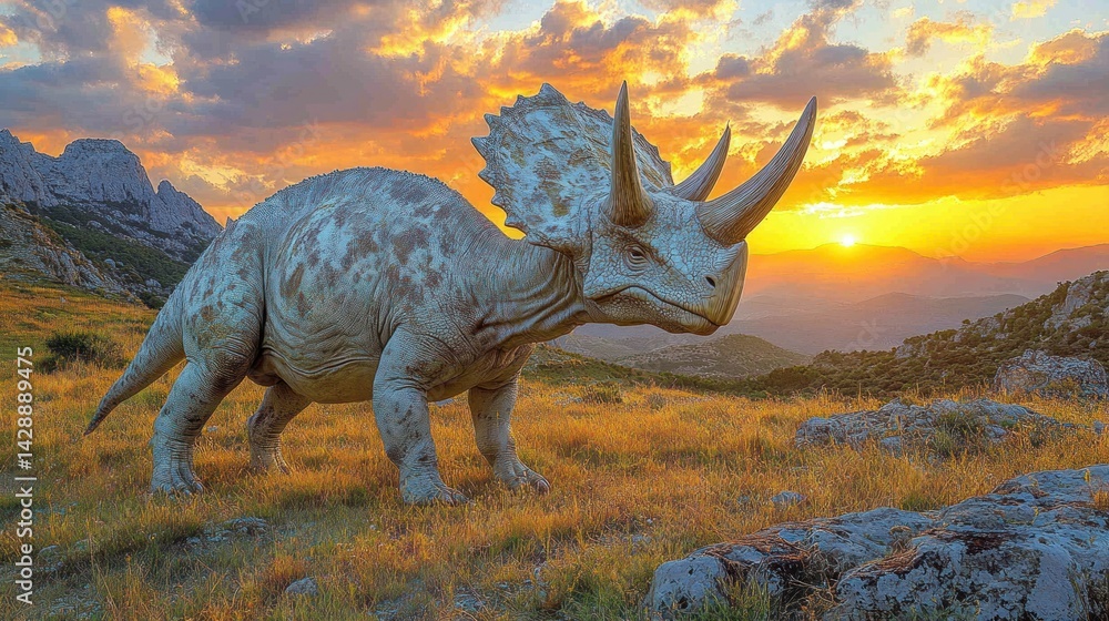 Obraz premium Triceratops dinosaur at sunset in a mountainous landscape.