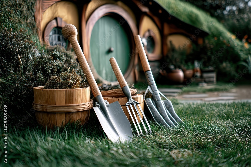Gardening Tools Leaning Against a Rustic Hobbit House Entrance