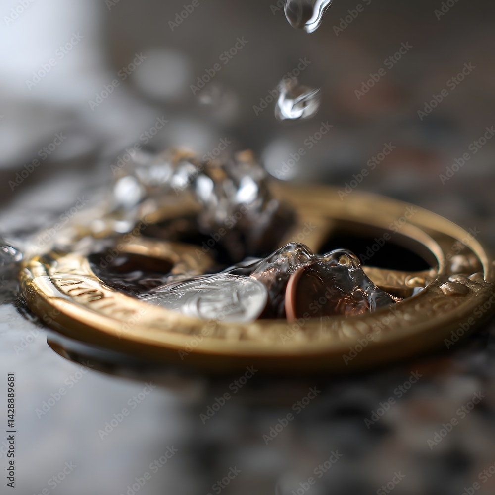 Coins and Water Droplets Falling into a Brass Drain Close Up Macro Photography of Currency Coins and Water Droplets Falling into a Brass Drain Close Up Macro Photography of Currency