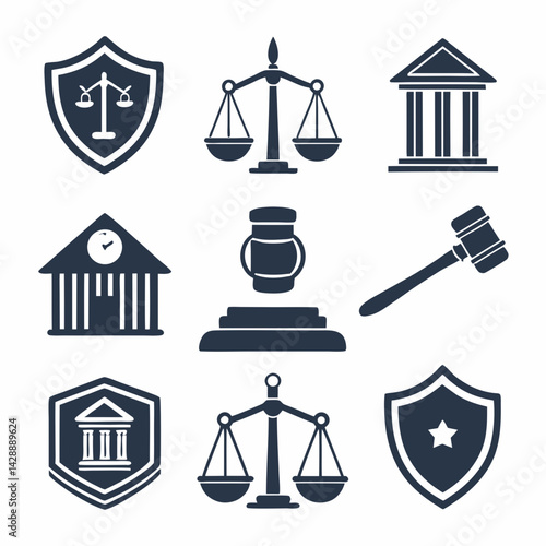 Design a solid black icon pack featuring 10+ legal and law icons.  Include symbols like scales of justice, gavel, handcuffs, law book.
