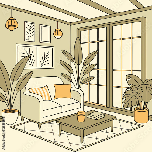 Comfortable living room interior with sofa and large window in modern home