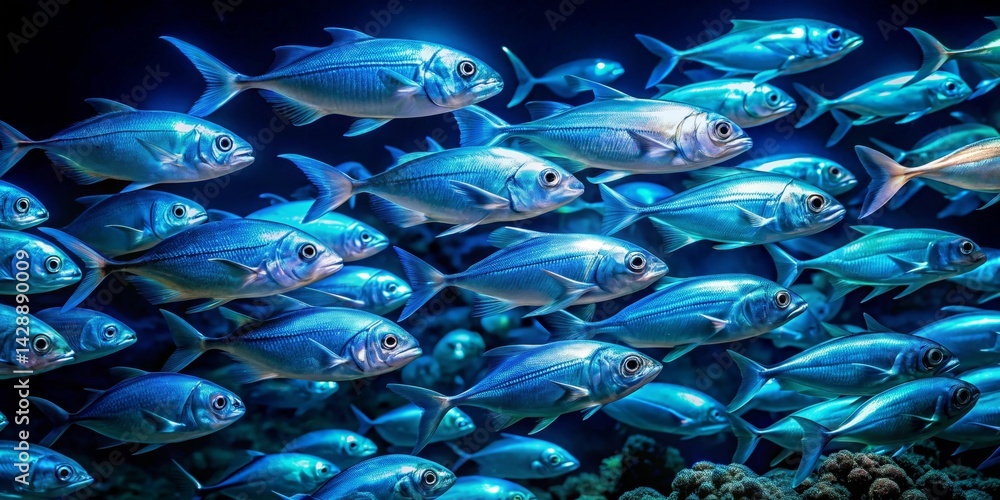 Obraz premium A vibrant underwater scene showcasing a large school of iridescent blue fish swimming in a coordinated pattern near a dark seabed