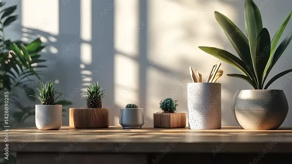 Sunlit Potted Plants Arrangement: A Modern Minimalist Display of Indoor Greenery Sunlit Potted Plants Arrangement: A Modern Minimalist Display of Indoor Greenery