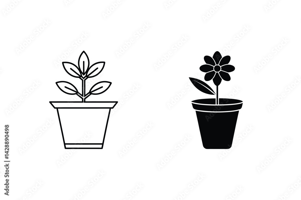 Obraz premium Potted Plants Line Art Black And White Illustrations Minimalist Design For Gardening Concepts