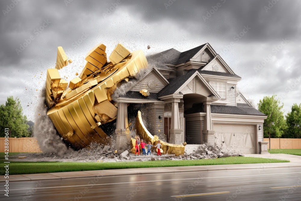 Golden Explosion Destroys House with Children Observing in Awe