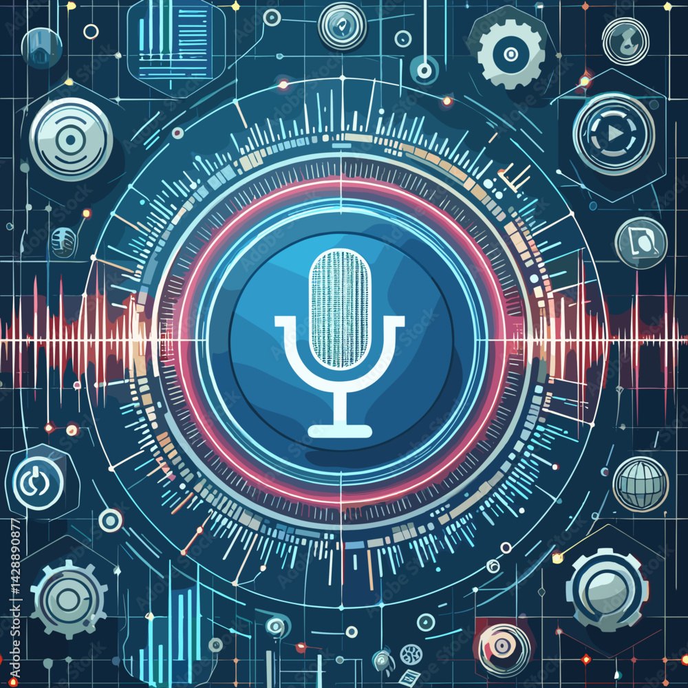 Obraz premium Digital microphone illustration with audio waves and technology symbols in vibrant design