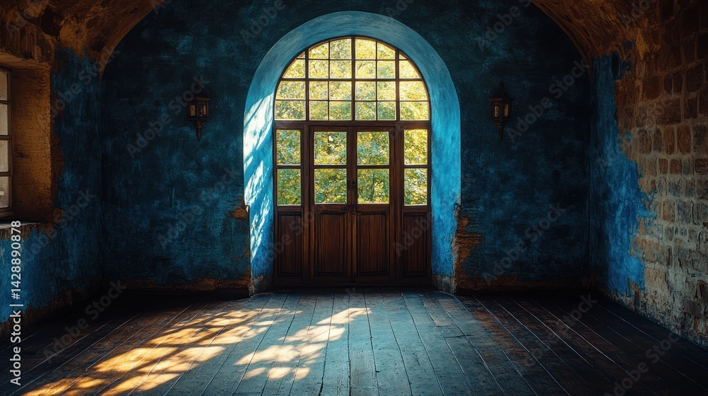 Fototapeta premium Sunlit arched doorway in a rustic, blue-walled room.