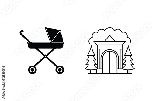 Baby Stroller And Park Entrance Minimalist Vector Illustration Black And White