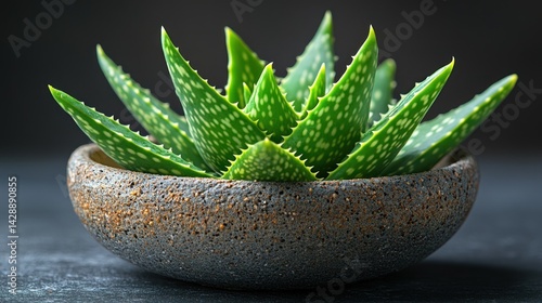 Lush green aloe vera plant in a rustic grey bowl on a dark background.