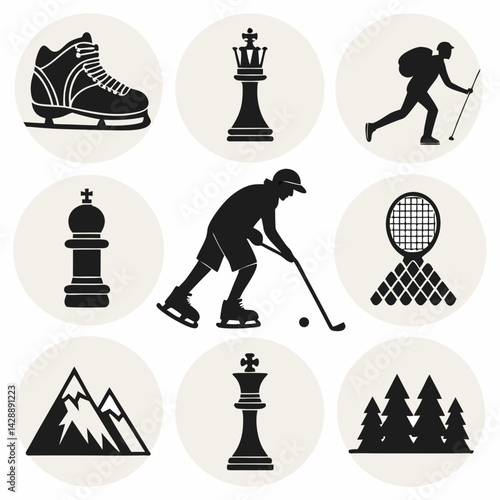 Design a solid black icon pack featuring various sports and hobbies,  including icons for  golf, tennis, yoga, fishing, and chess.  Ensure simple, easily recognizable designs.