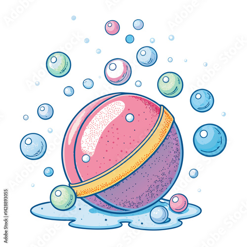 Create a vibrant vector illustration of a bold-stroked bath bomb fizzing in water, showcasing effervescent bubbles.  Focus on detailed textures and bold outlines.