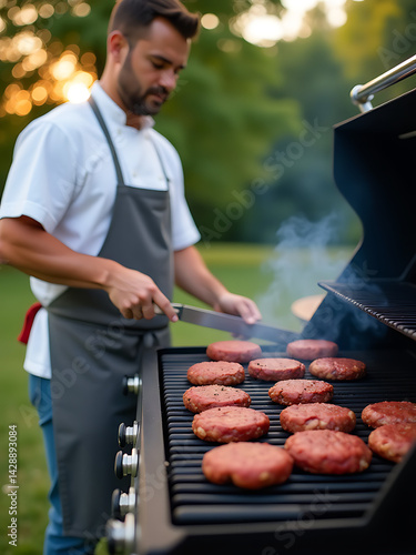 Obraz na płótnie Chef Flipping Burgers On Grill At Labor Day Party w salonie