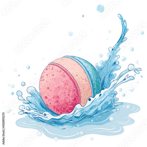 Create a vibrant vector illustration of a bold-stroked bath bomb fizzing dramatically in water, showcasing effervescence and vibrant color.