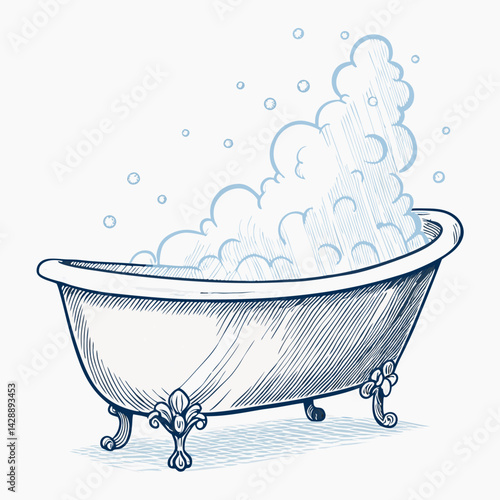 Create a vector illustration of a bold-stroke bathtub with stylized steam emanating from it, suitable for a bathroom product design.