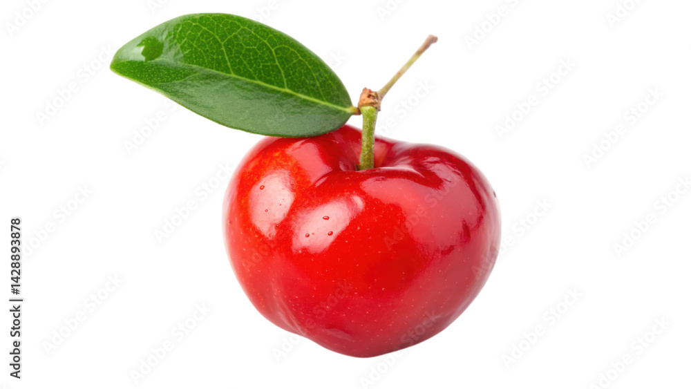 Obraz premium A vibrant red cherry with a glossy surface and a single green leaf attached to its stem.