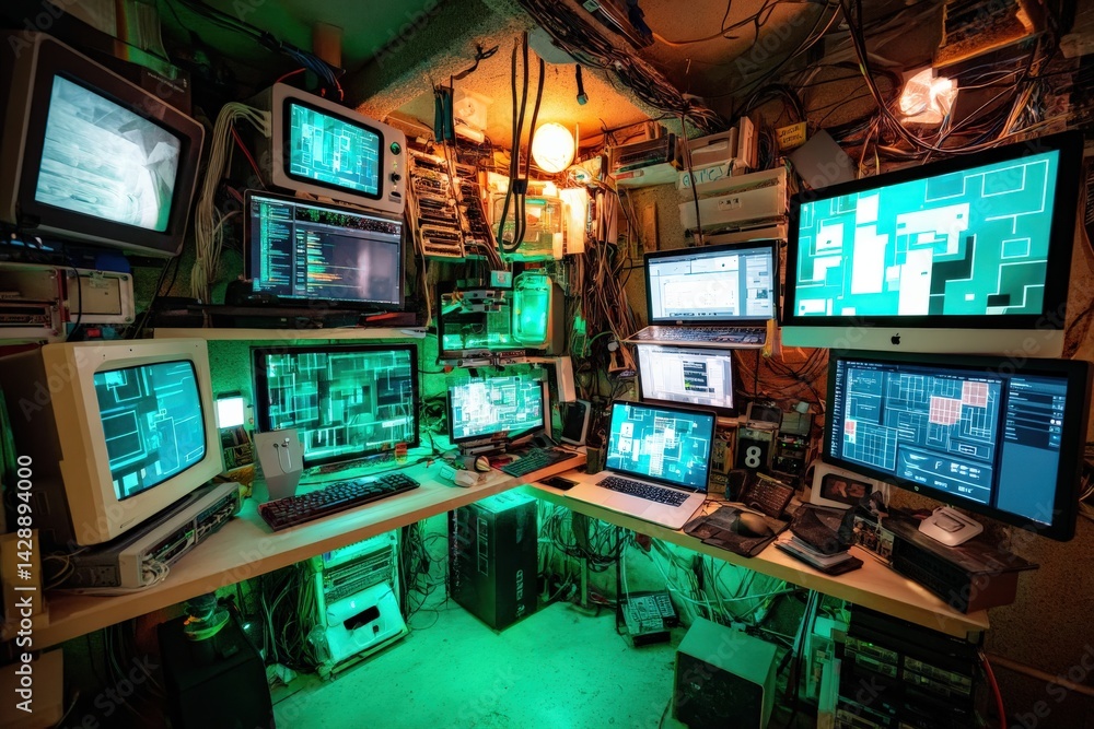 High-Tech Cybersecurity Setup with Multiple Monitors in Dimly Lit Room