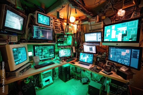 Obraz na płótnie High-Tech Cybersecurity Setup with Multiple Monitors in Dimly Lit Room w salonie