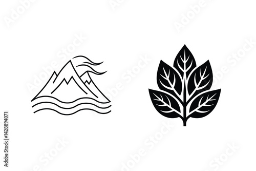 Mountain And Leaf Vector Illustration Simple Nature Icons Minimal Design Style