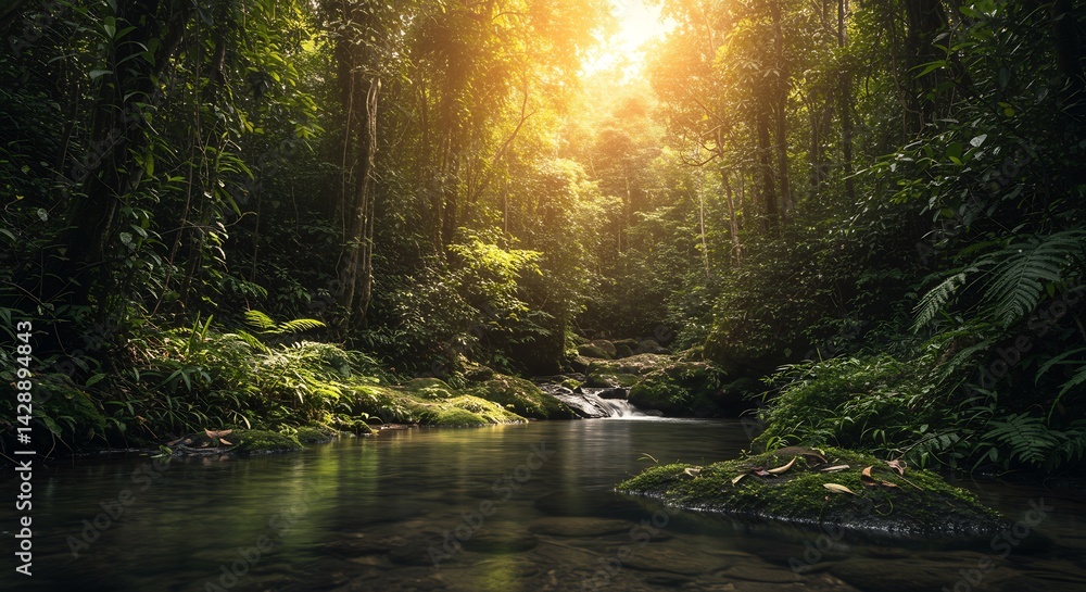 Obraz premium Enchanted Forest: Discover the mystical beauty of a sun-dappled forest, where light streams through the canopy onto a serene river, creating an atmosphere of natural tranquility and serenity.