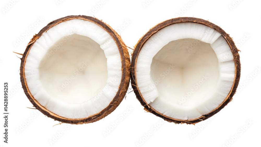 Halved coconut shells revealing the white inner flesh, showcasing the natural texture and shape of the fruit. Halved coconut shells revealing the white inner flesh, showcasing the natural texture and shape of the fruit.