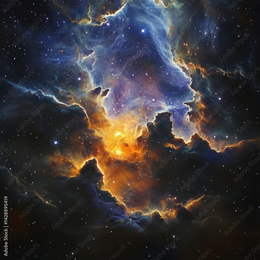 Fototapeta premium Vivid representation of a cosmic nebula with swirling clouds and bright stars in a deep space setting