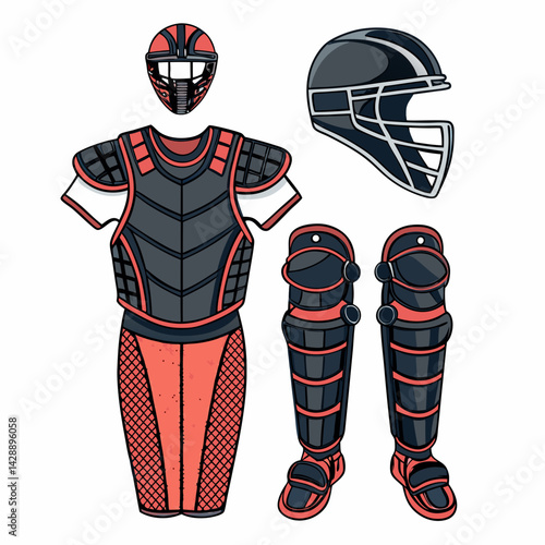Create a vector illustration of a bold-stroked baseball catcher's gear set mask, chest protector, leg guards, mitt.  High detail, clean lines.